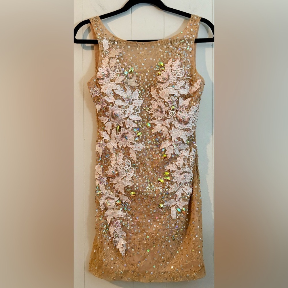 Jovani Vintage Tan Floral Embellished Sequin Jeweled Midi Dress, Size 2